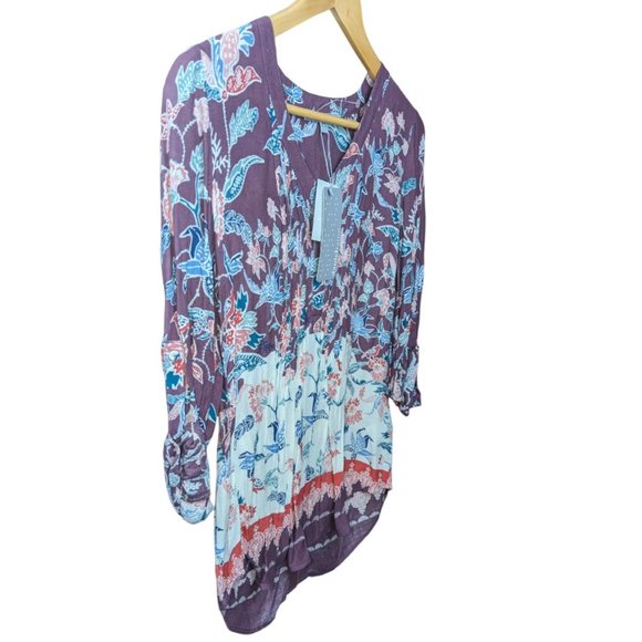 Daniel Rainn Pleated XS Blouse Floral V-Neck Long Sleeve Roll Tab Sleeve Paisley - Picture 4 of 12